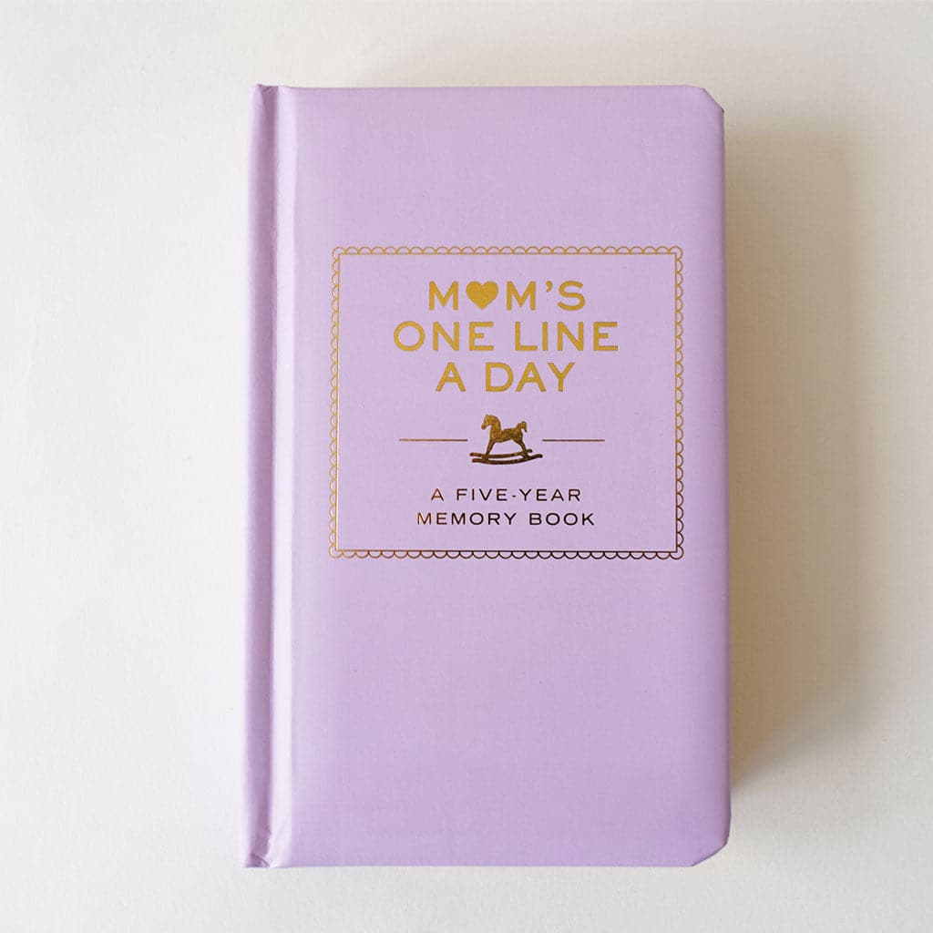 High quality, lavender memory book reading 'Mom's one line a day, a five-year memory book' in gold foil lettering across the padded cover.