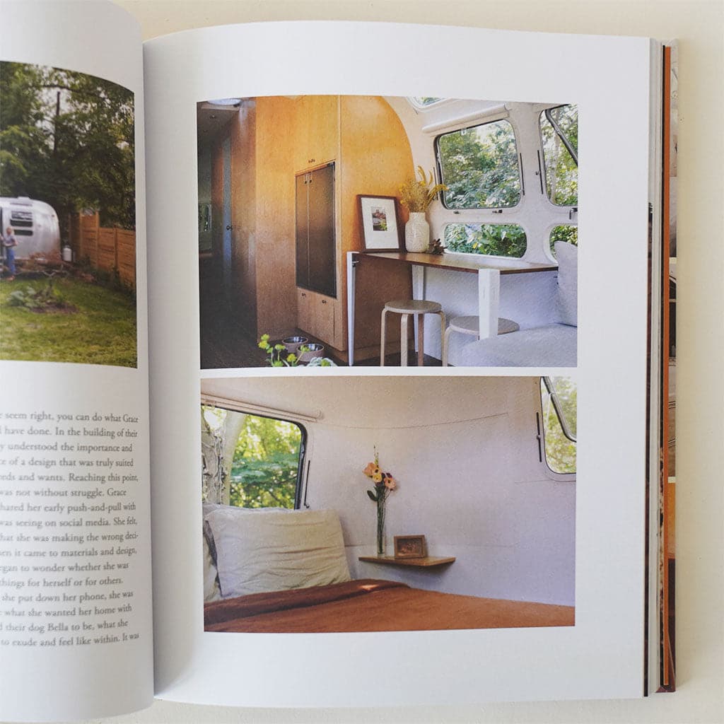Open page of the book highlighting two tastefully decorated camper interiors. The above interior is wood paneled with open windows and modern white barstools. Below is a peak at a perfectly simple bedroom interior with a burnt orange comforter.