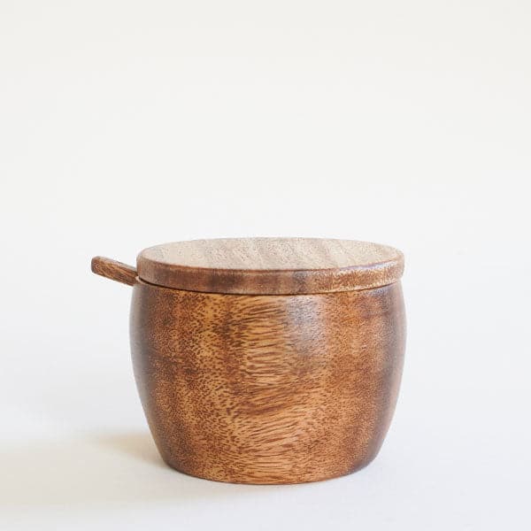 Acacia Wood Jar with Spoon and lid.