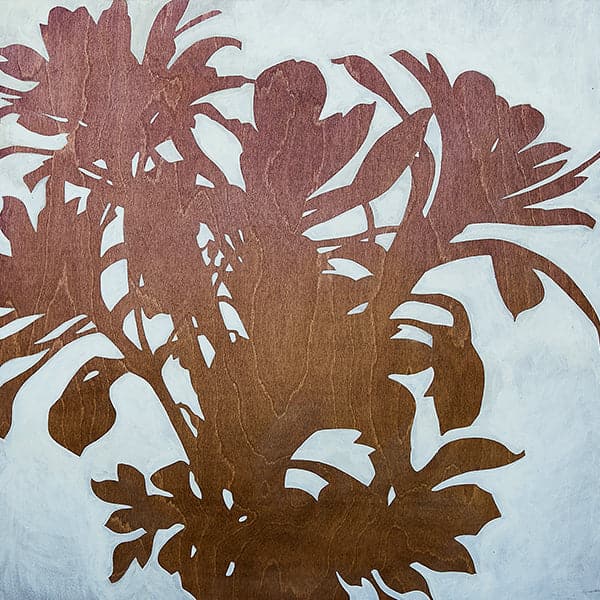A silhouette of a flowering Echeveria succulent plant in brick and rust colored ombre with wood grain texture.