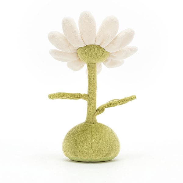 On a white background is a daisy stuffed toy with a yellow center with a smiling face, white petals and a green stem and base.