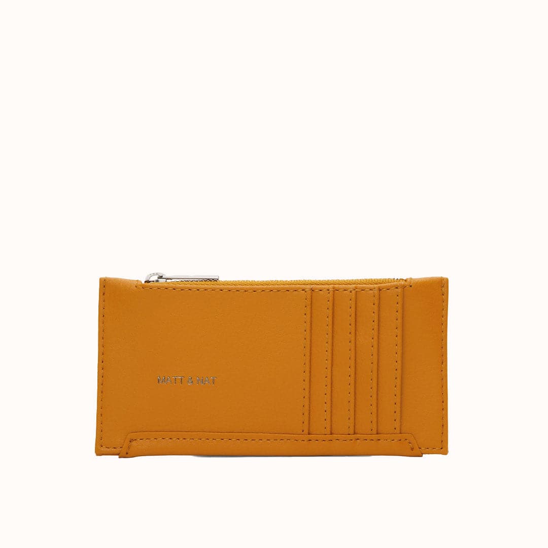 A slim, orange, card holder with a zipper pocket along the top to secure coins, cash or other small things you may need to store.