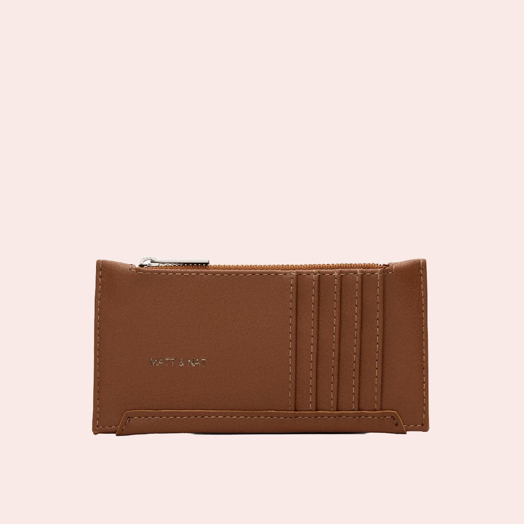  A slim, brown, card holder with a zipper pocket along the top to secure coins, cash or other small things you may need to store.