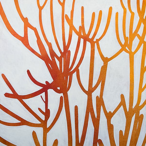 Original painting of a silhouetted a spiny "Fire Sticks" plant in red and orange ombre colors and grey background.