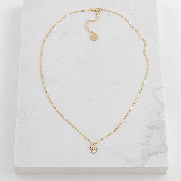 A dainty gold chain with a small circle pendant.