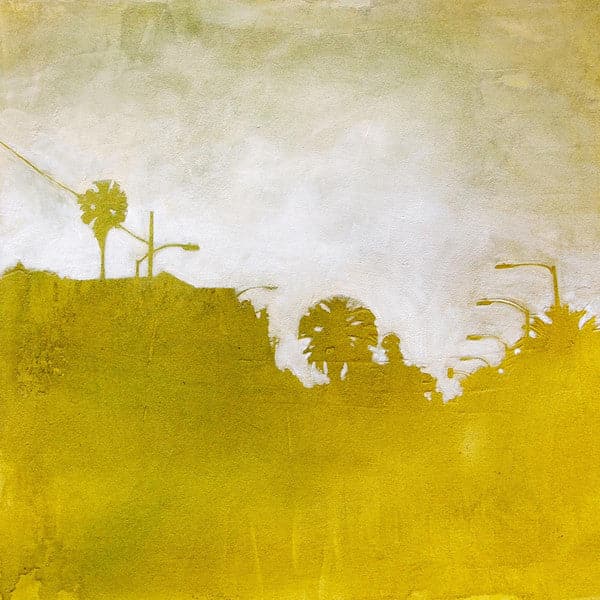 Original painting of a silhouetted cityscape in gold color with street lights and palm trees and a grey and gold wash sky.