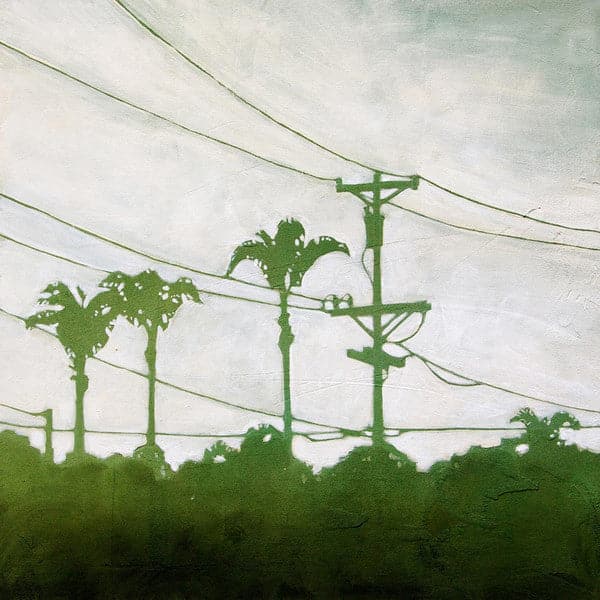 Original painting of a silhouetted cityscape in dark and light greens with telephone wires and palm trees with a grey wash sky.