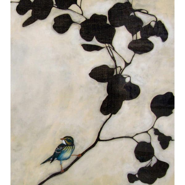 Original painting of silhouetted black branches and leaves with realistic navy, light blue and gold bird sitting on the branch.