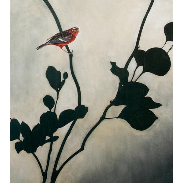 Detailed view of original painting of black silhouetted branches and leaves, with realistic red and dark grey bird sitting on a branch, and grey wash backdrop.