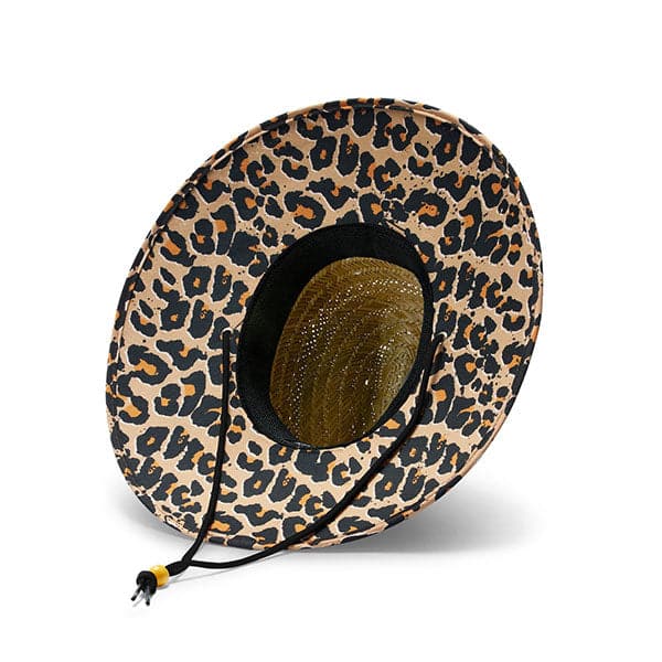 Against a white background is the inside view of a wide brim, straw hat. The brim of the hat is black and brown cheetah print. It has a black drawstring. 