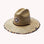 Against a white background is the top view of a wide brim, straw hat. The brim has a black and brown cheetah print border. On the front of the hat is a cheetah print diamond with three white trees inside. The black drawstring goes around half of the top of the hat.