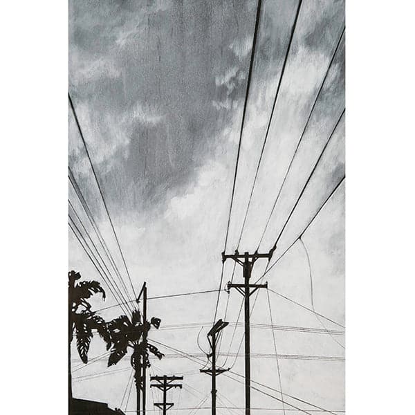 Original painting of a silhouette San Diego cityscape of telephone pole and lines with palm trees in black and a cloudy grey sky.