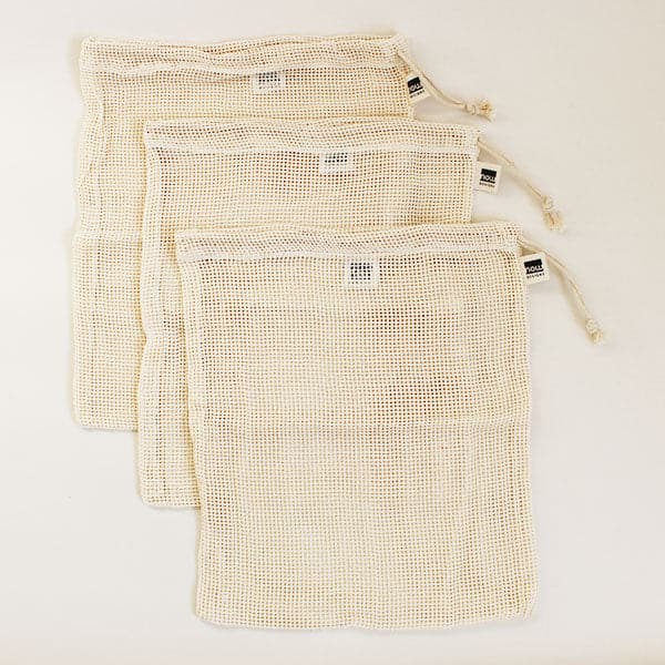 A natural woven produce bag with a cinched tie and a small square hole pattern.