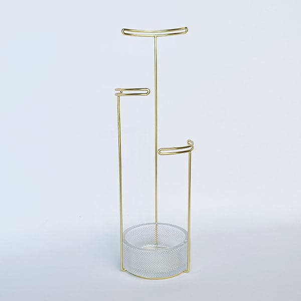 Tesora is designed with three posts of varying heights to accommodate jewelry of any length.  At the base of the tree is a dish, which allows for additional storage of smaller accessories, like earrings and brooches.  The stand’s unique double wire detailing on each post makes for a secure display of earrings or cufflinks.