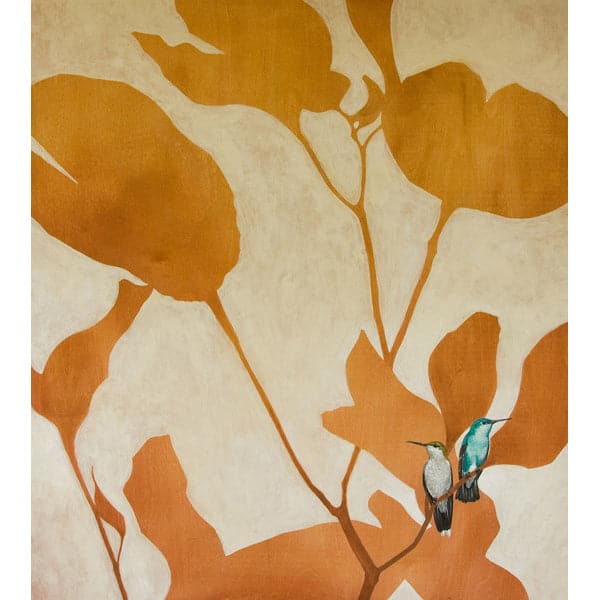 Original painting with silhouetted orange ombre leaves and branches with two realistic hummingbirds, one green and one blue, sitting on a branch, and pale gold wash backdrop.
