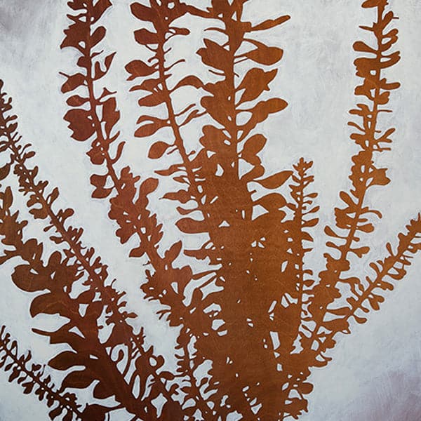 Original painting of a brick red ombre silhouetted Ocotillo desert plant with grey wash background.
