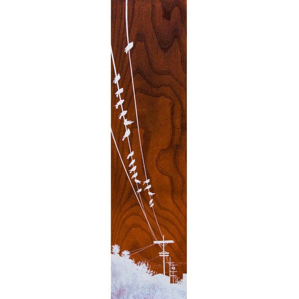 Original painting of white silhouette of city scape and birds on telephone wire, on a wood grain backdrop.