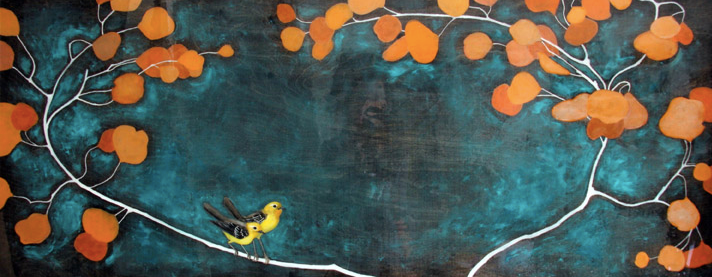 Original painting of white branches with bright orange leaves, two canary birds perched on the branch, and teal wash background.