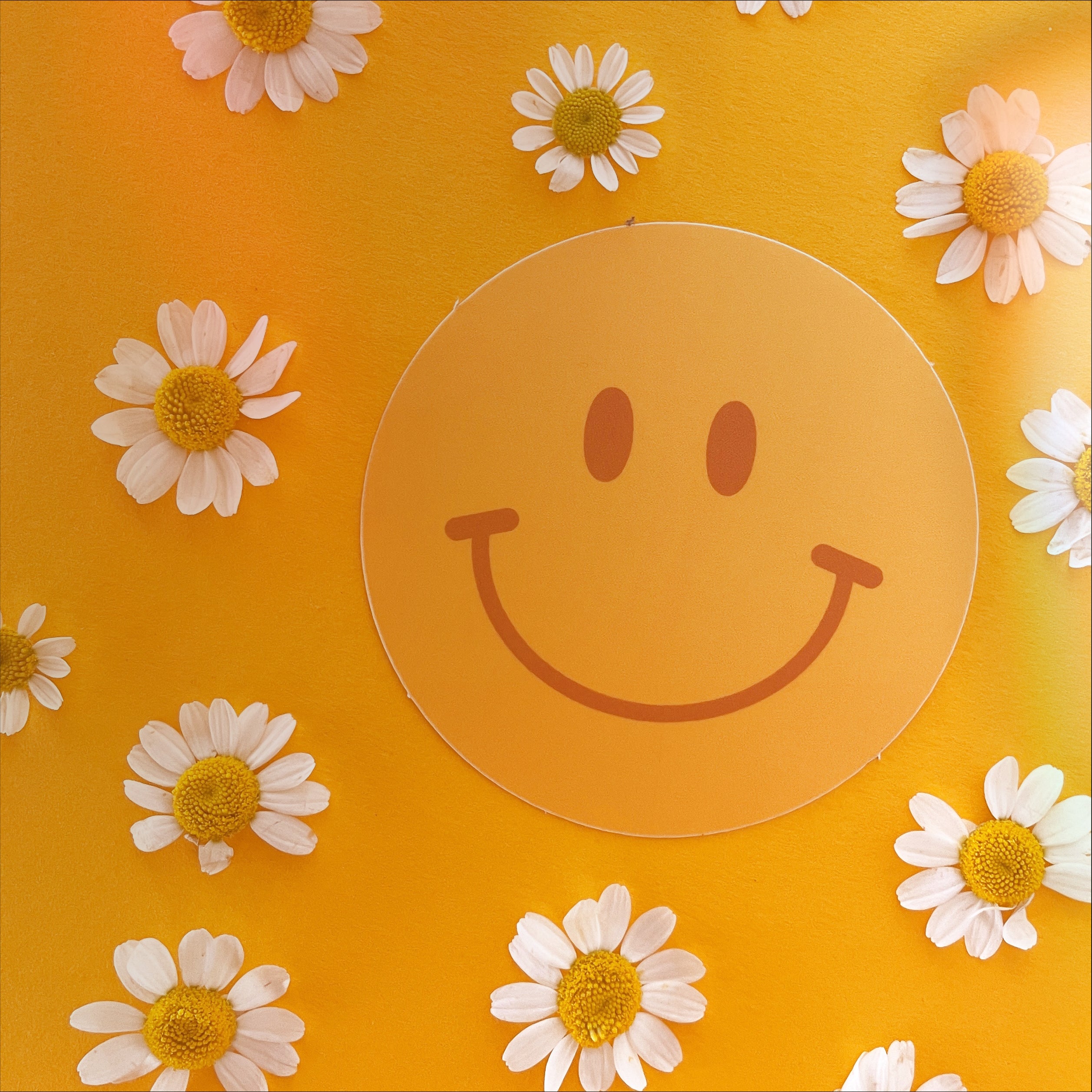 On an orange background with daisies is a yellow/orange circle smiley face sticker. 