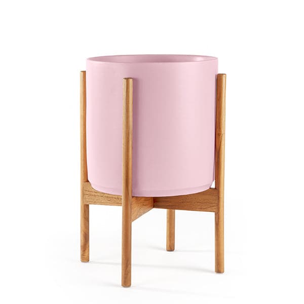 This cylinder pot is a baby pink and sits within four spokes of a maple wood plant stand, standing about 7 inches from the ground.