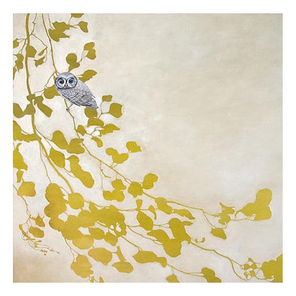 Original painting of silhouetted gold colored branches and leaves with small realistic light grey owl perched on the branch, with light tan-grey wash backdrop.