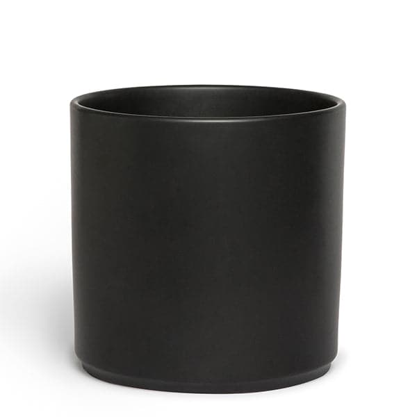 This 2 to 3 gallon ceramic pot has a classic cylinder shape and is solid black.