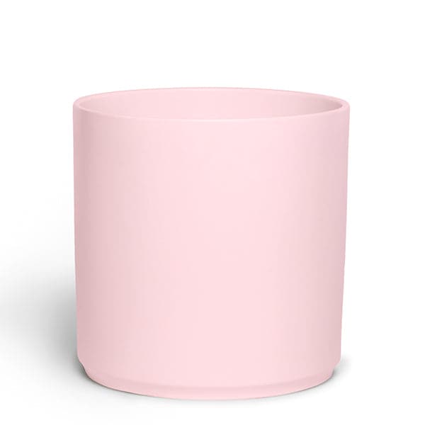This 2 to 3 gallon ceramic pot has a classic cylinder shape and is baby pink.