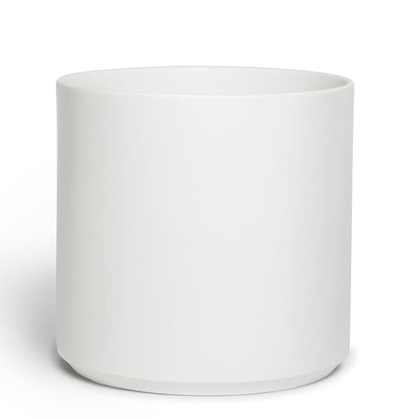 This 5 gallon ceramic pot has a classic cylinder shape and is a solid white. 