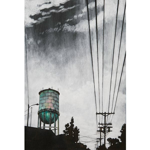 Original painting of black and white San Diego cityscape with cloudy grey skies, telephone pole, and turquoise water tower.