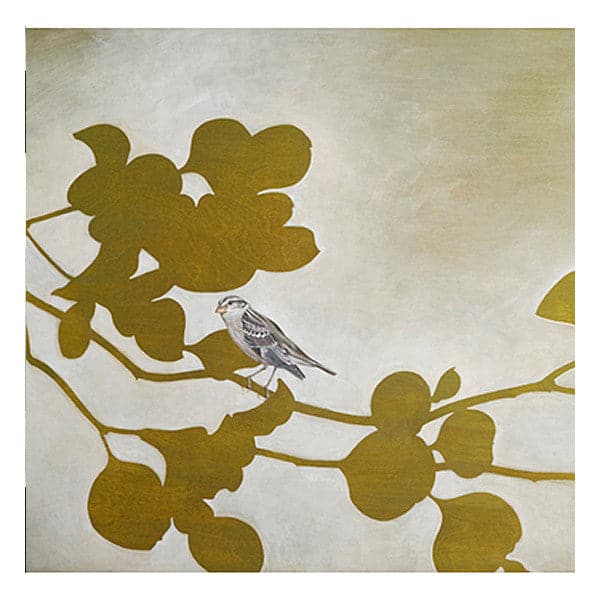 Close up of original painting of Original painting of a tree branch and leaves in gold foil and a realistic grey bird sitting on the branch.