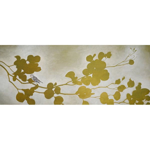 Original painting of a tree branch and leaves in gold foil and a realistic grey bird sitting on the branch.