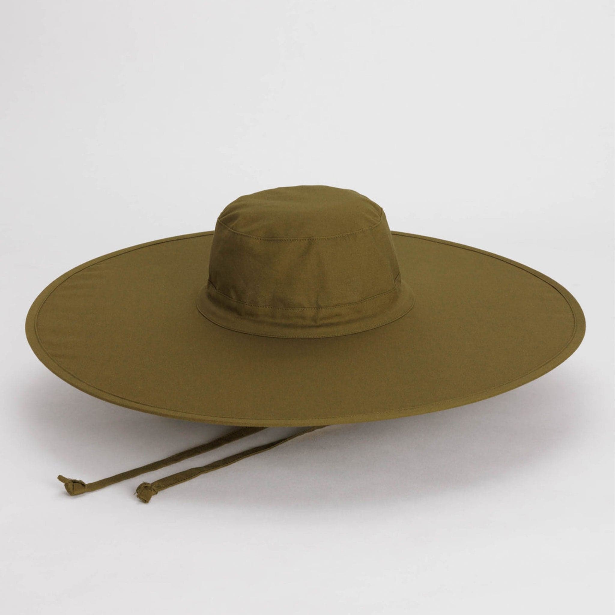 A khaki green wide brim nylon hat with a neck strap.