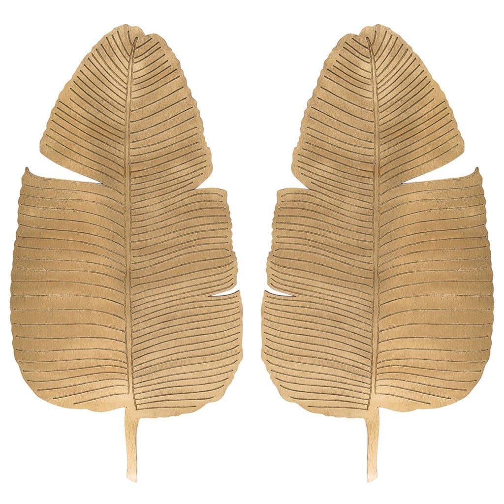 Two side-by-side natural wood cut banana leaves.