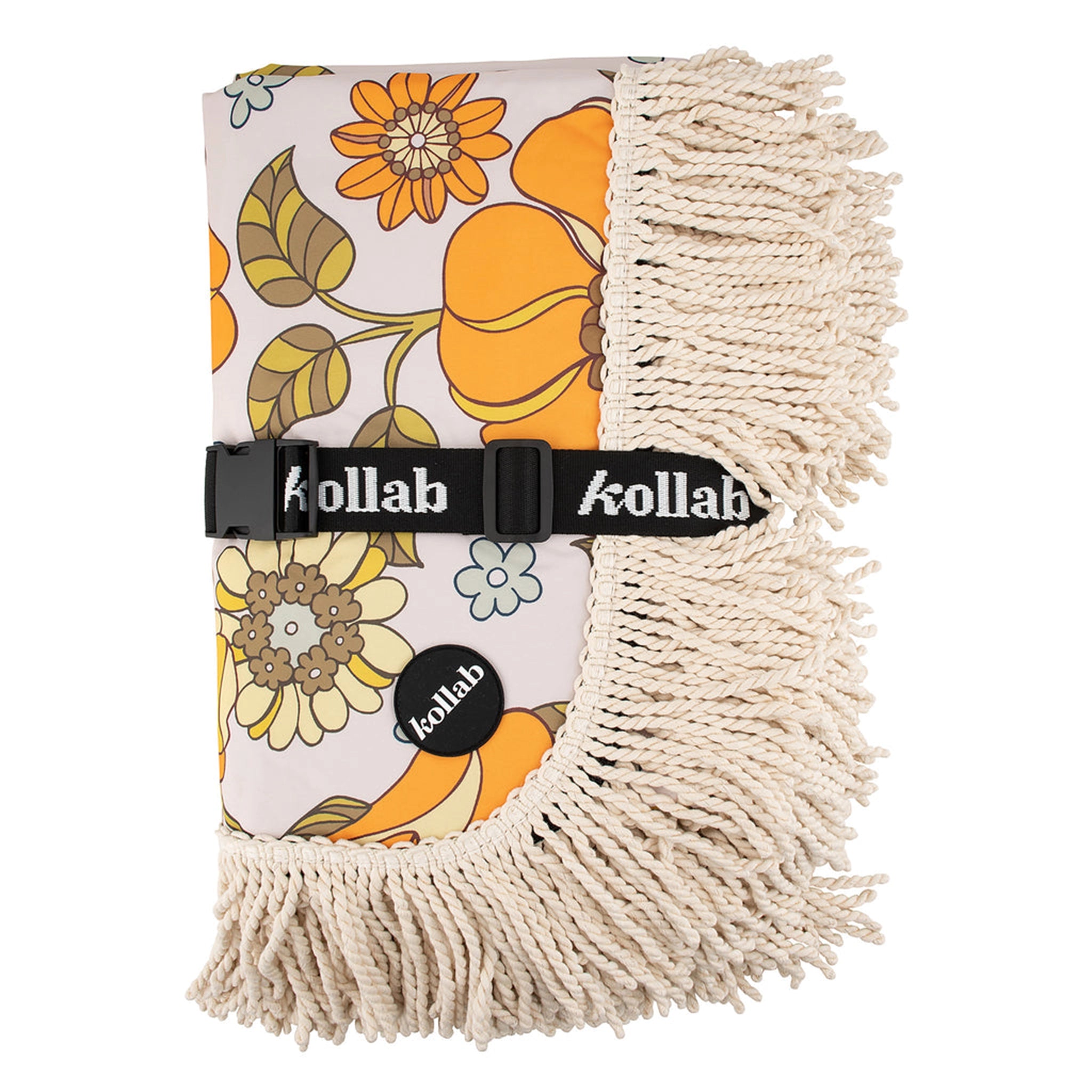 A 70's style yellow and orange floral picnic mat with cream fringe detailing around the edges.