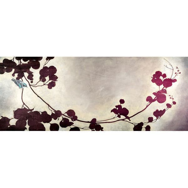 Original painting of silhouetted dark wine and fuschia ombre colored branches with leaves, with small realistic grey and blue bird sitting on the branch.
