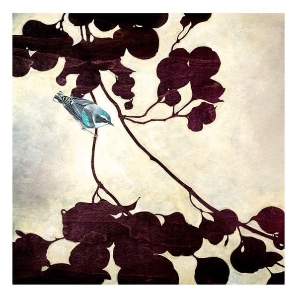 Close up of Original painting of a branch and leaves silhouette in Burgundy and fuchsia colors, with little blue bird on branch, and grey wash background.