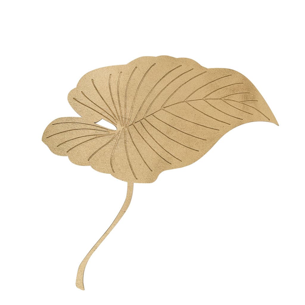 Wall art that resembles a canopy leaf made out of birch plywood. It has a wavy edge and a stem with etched lines where the veins of the leaf would be.