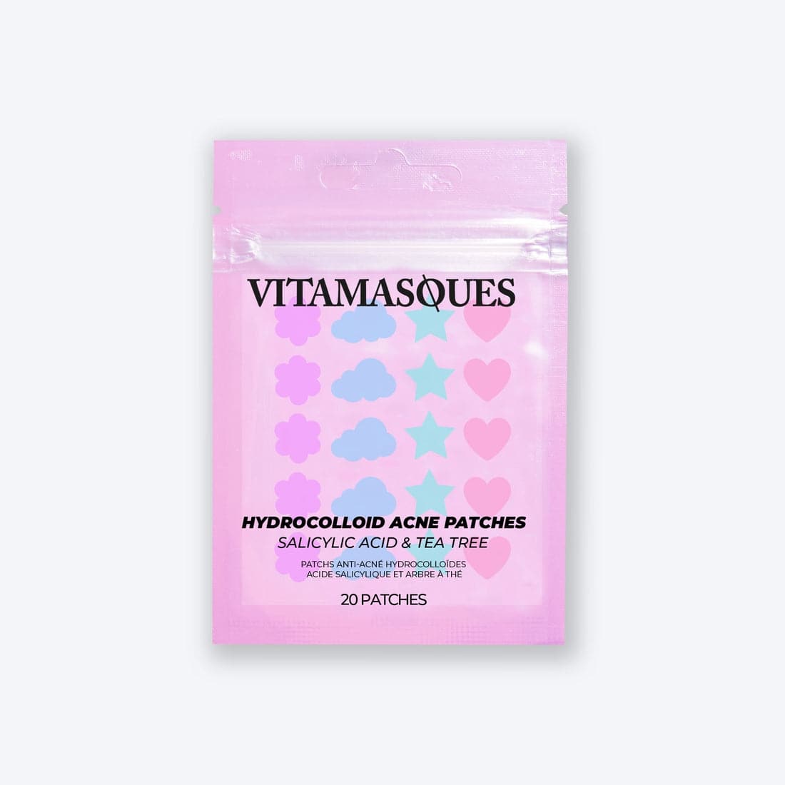 Hydrocolloid acne patches in the shape of hearts, stars, clouds and flowers.