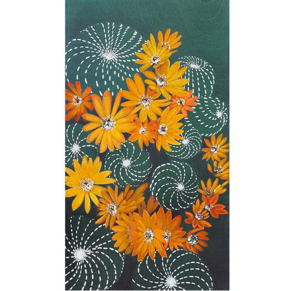 An original painting with wood texture in light and dark emerald green ombre with a cluster of white speckled cacti surrounded by bring tangerine colored clementine flowers.