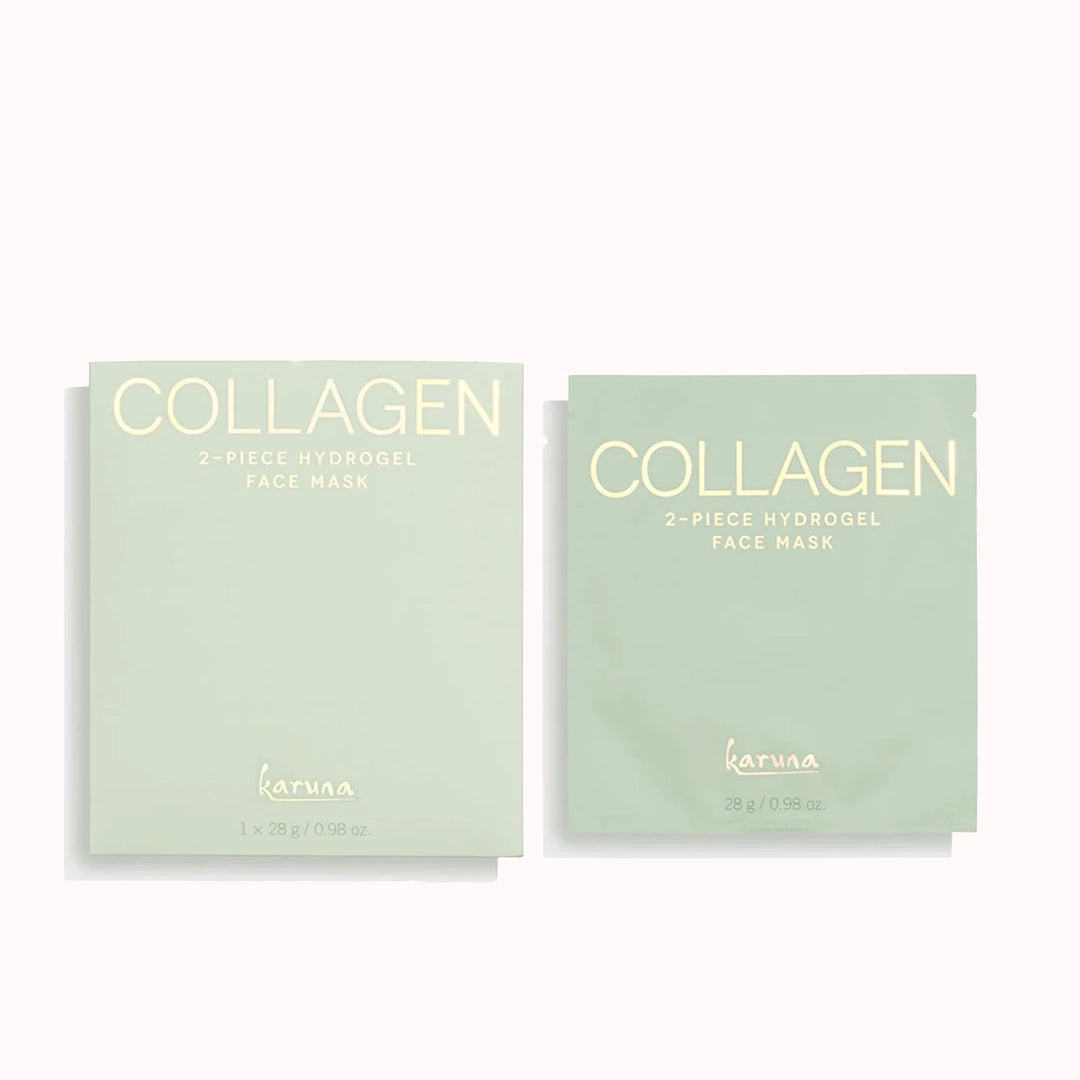 Green packaging that contains a single sheet mask soaked with a hydrating serum mask. The outside of the packaging reads, &quot;Collagen 2-piece hydrogel face mask&quot;.