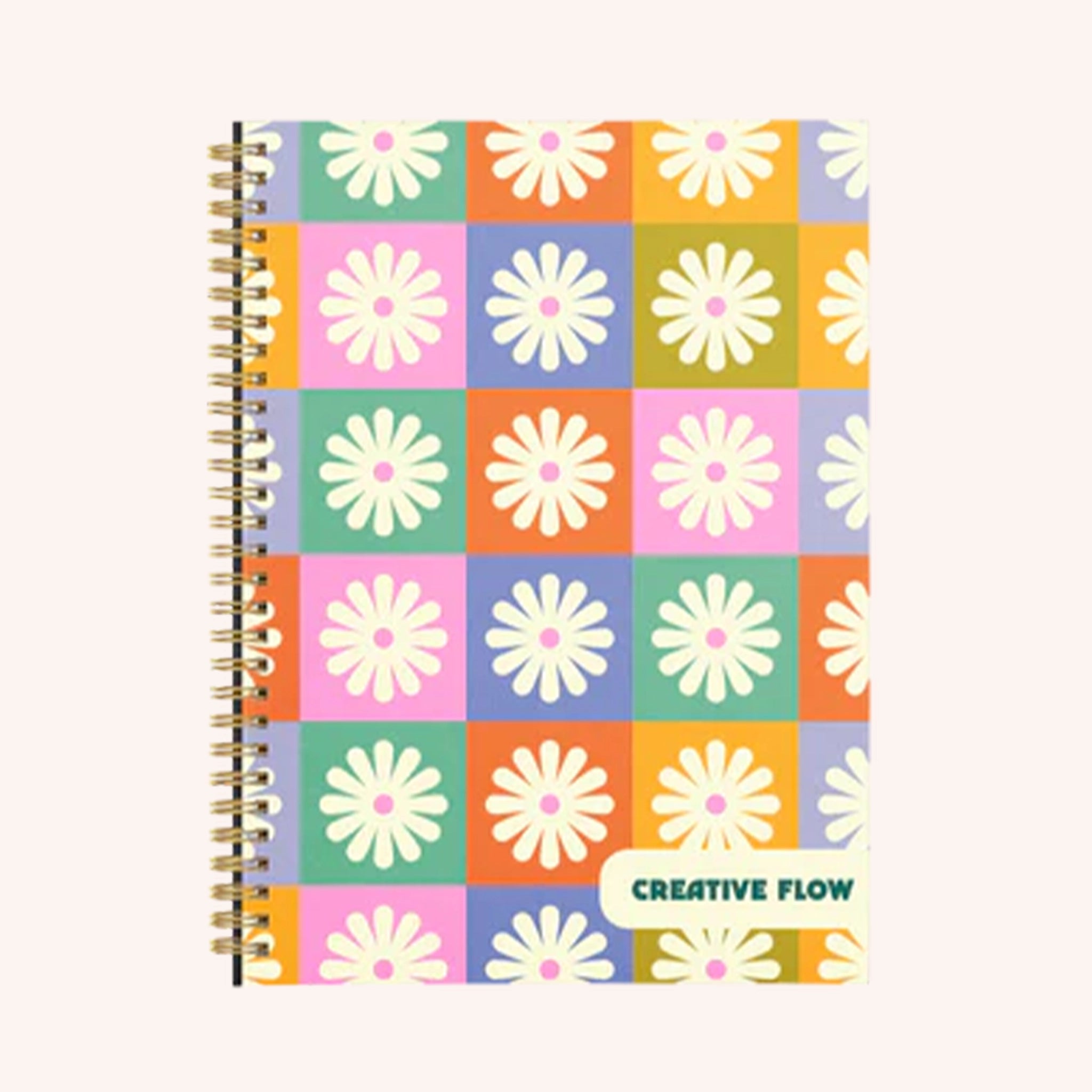 A spiral bound notebook with a multicolored checker design that has a white daisy in the center of each square. In the bottom right hand corner it says, "Creative Flow" in green text.