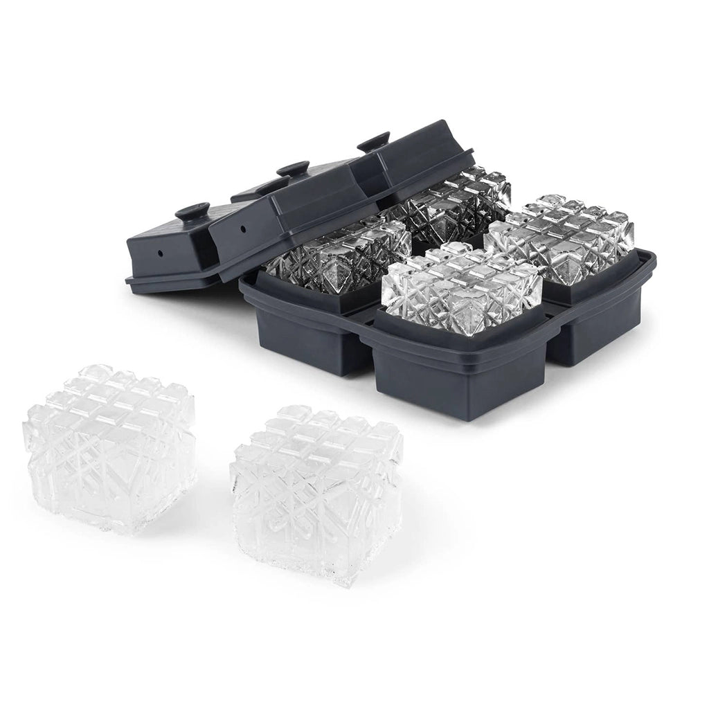 A dark grey silicone ice tray that makes large cubes with diamond detailing.
