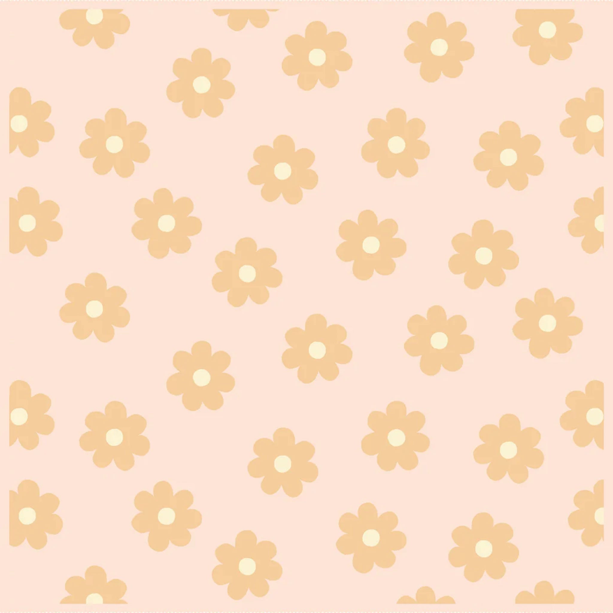 A light blush cotton blanket with a repeating mustard yellow daisy print.