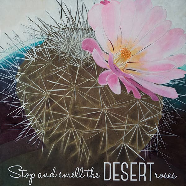An original painting of a small spike cactus with a pink desert cactus flower on top with text in white &quot;stop and smell the desert roses.&quot;