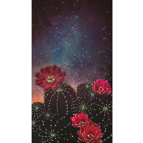 An original painting of a night sky and a cluster of white speckled cacti at the bottom blossoming with fuchsia colored desert roses.