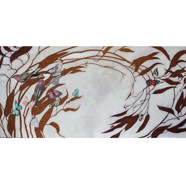 An original painting of a spiral of branches with brick and rust ombre colored leaves, a cloudy grey background, and a variety of realistically painted colored birds and butterflies lay on the branches.
