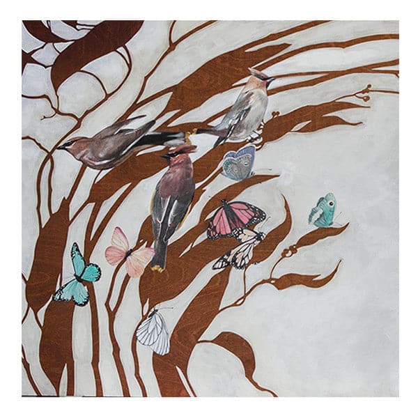 A close up of original painting of a spiral of branches with brick and rust ombre colored leaves, a cloudy grey background, and a variety of realistically painted colored birds and butterflies lay on the branches.