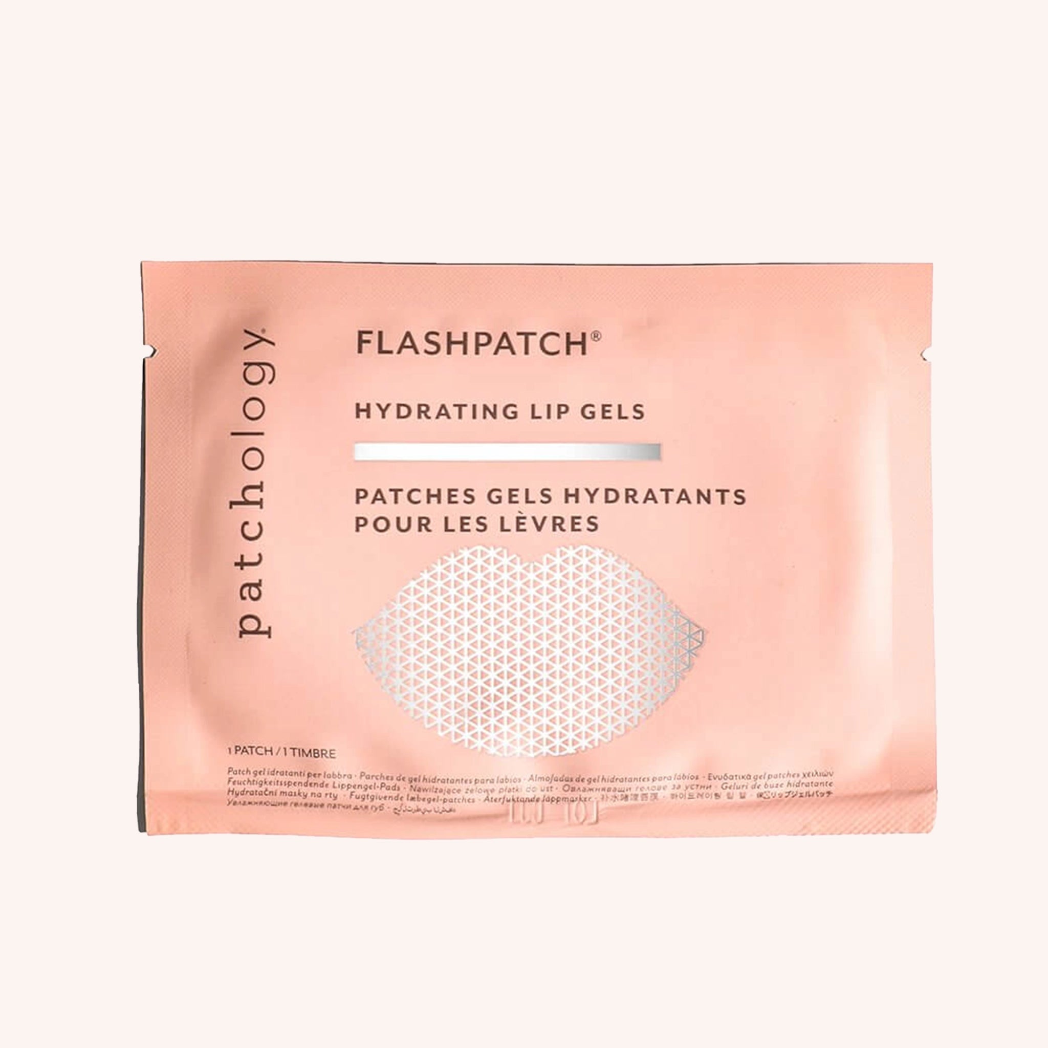 The pink packet that the lip mask comes in featuring black text that reads, "Flashpatch Hydrating Lip Gels".