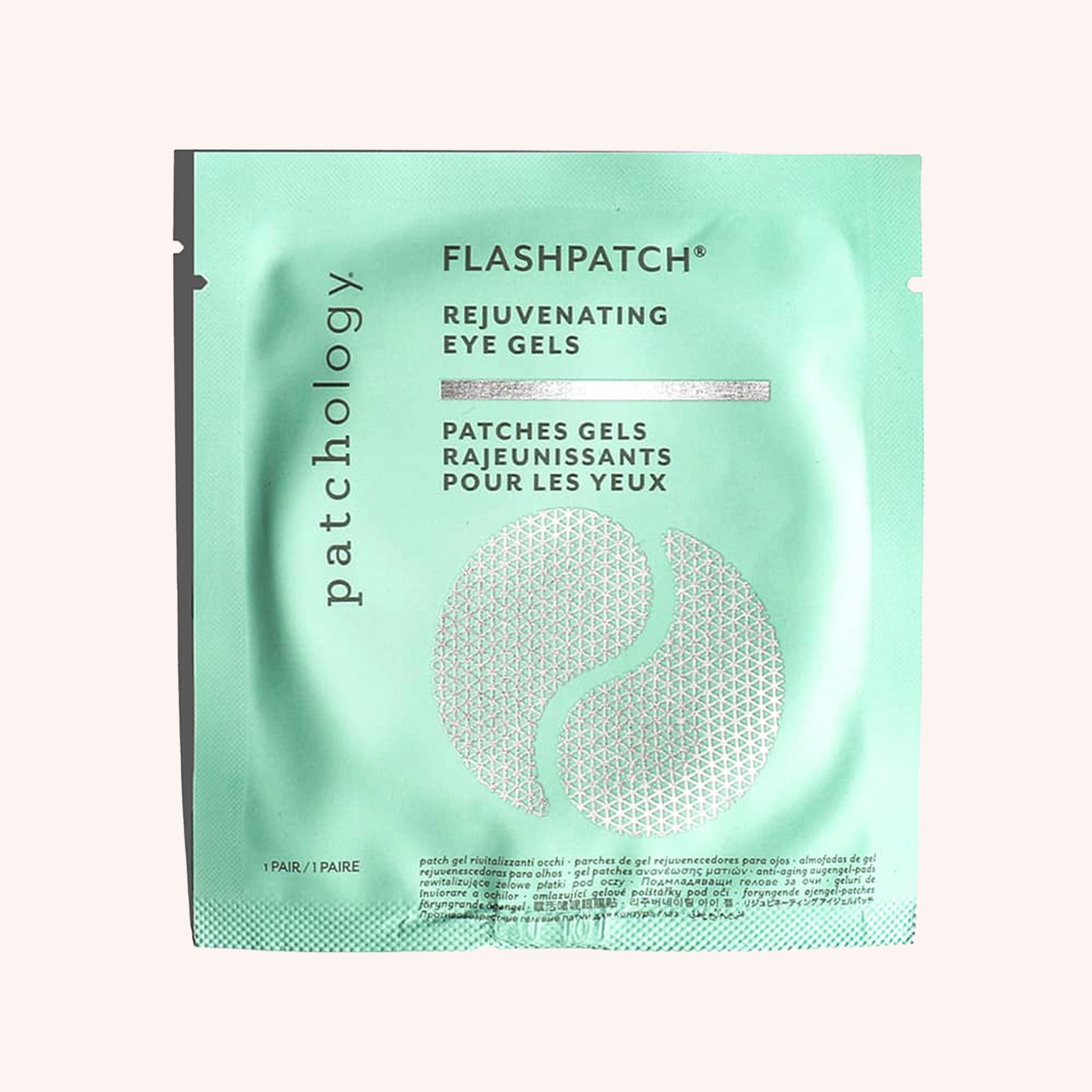 The seafoam green packaging that the eye gel masks come in along with black text that reads, "Flashpatch Rejuvenating Eye Gels".