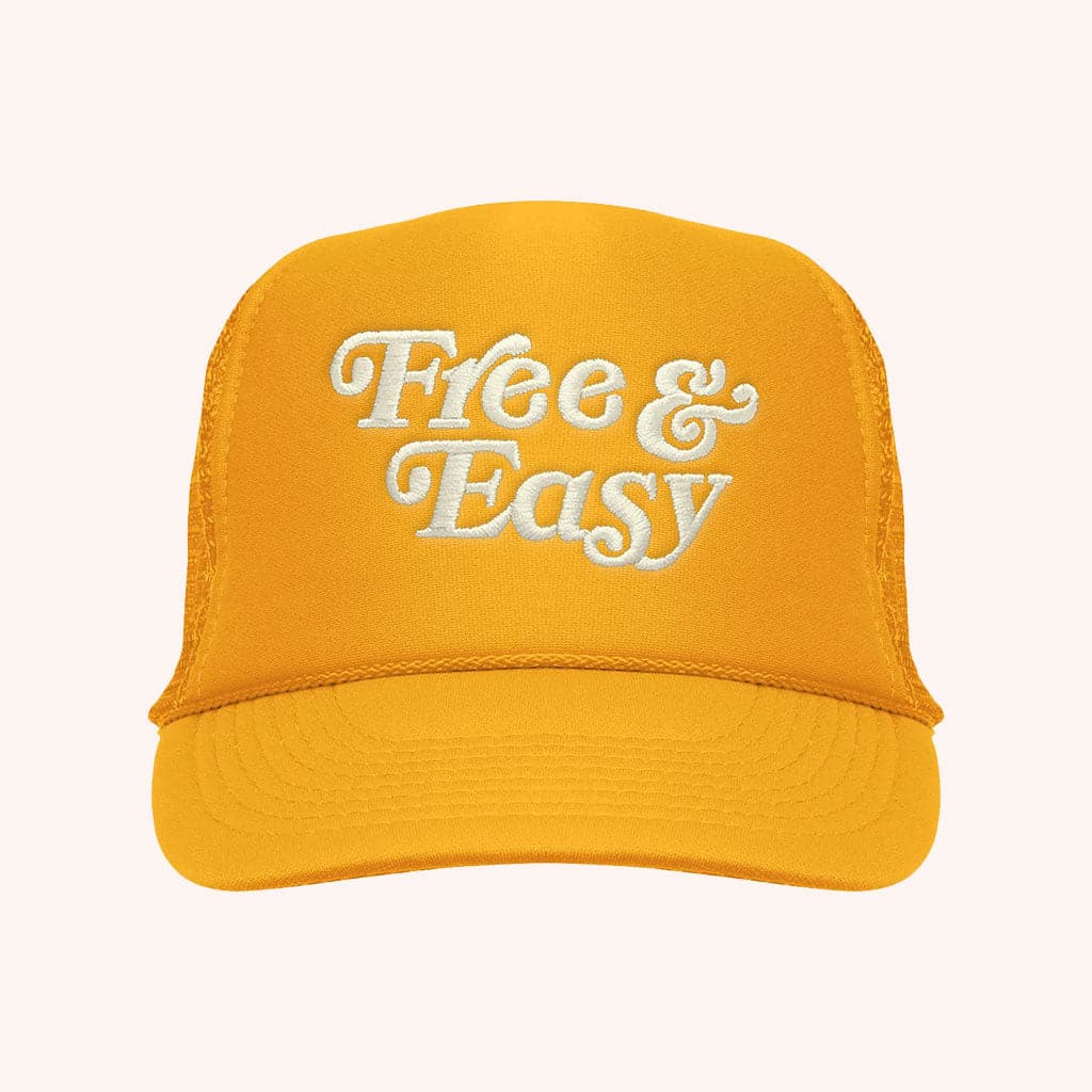 A yellow trucker hat with a foam front and mesh back along with rope detailing and the phrase "Free & Easy" embroidering.